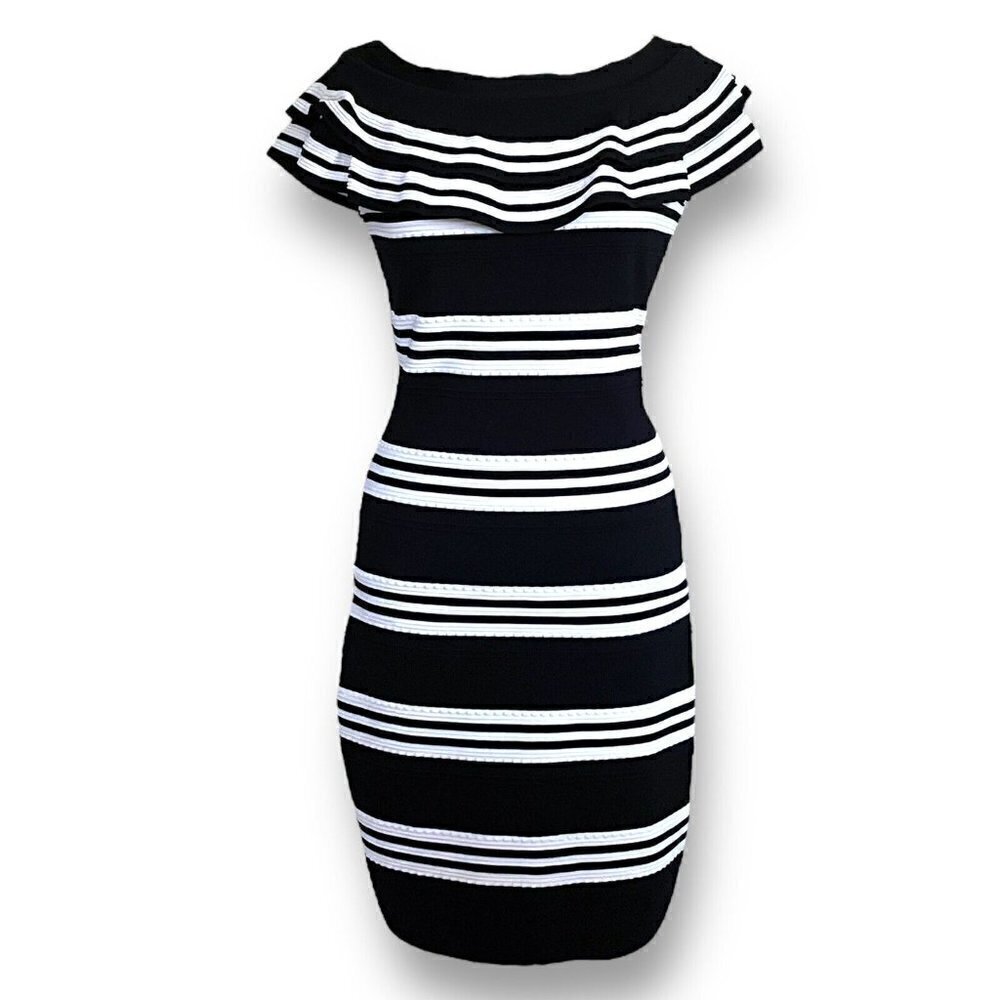 Frank Lyman Design Womens Sheath Dress Sz M Black White Stripe Stretch Knit